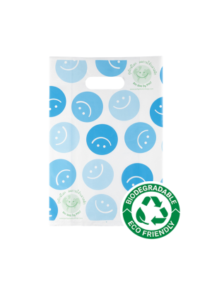 ถุงแฟชั่น BIO BAG หน้ายิ้ม พื้นขาวพิมพ์ฟ้า