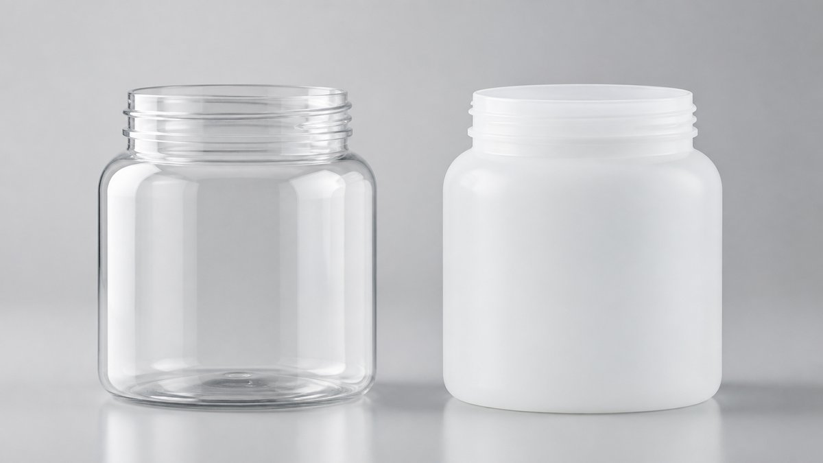 ภาพเปรียบเทียบภาชนะ PET ใส กับ HDPE สีขาวขุ่น แสดงความแตกต่างของลักษณะพลาสติกทั้งสองชนิด
