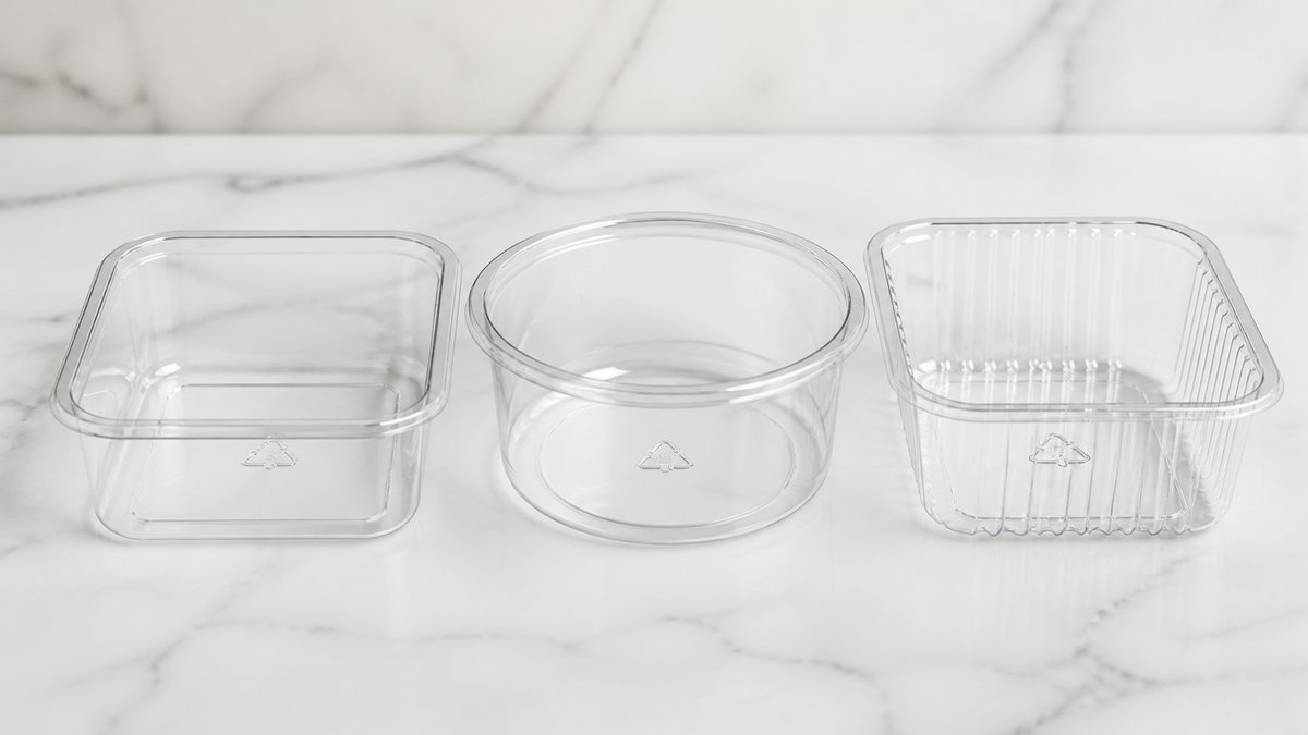 Close-up comparison of three types of clear plastic containers with resin identification codes 5, 2,