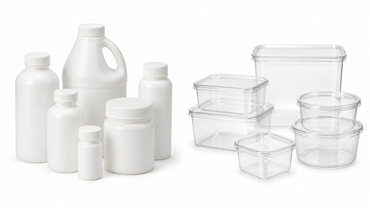 Split composition showing HDPE plastic bottles on the left side with milky opaque appearance, and LD