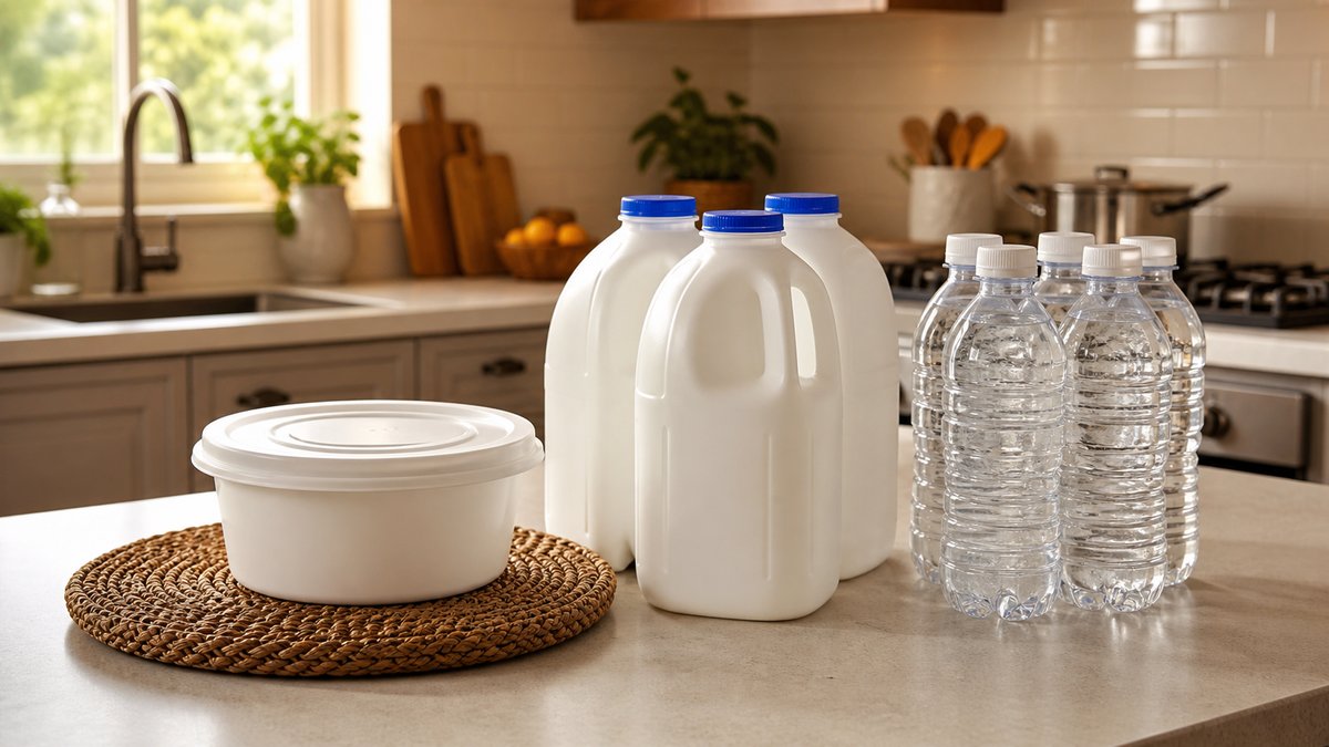 Lifestyle photo of a family kitchen counter with various plastic containers: a white semi-transparen