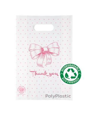 ถุงบูติคหูเจาะ Bio Bag ลายโบว์ Thank you พื้นขาวพิมพ์ชมพู ขนาด 10x15 นิ้ว