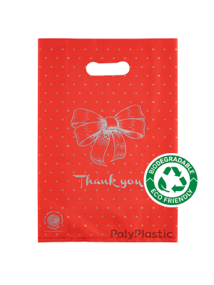 ถุงบูติคหูเจาะ Bio Bag ลายโบว์ Thank you พื้นแดงพิมพ์เงิน ขนาด 10x15 นิ้ว (Copy)