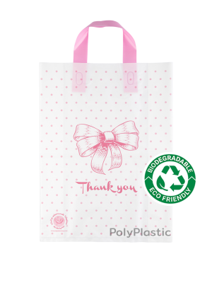 ถุงบูติคหูปั้ม Bio Bag ลายโบว์ Thank you พื้นขาวพิมพ์ชมพู ขนาด 11x15 นิ้ว