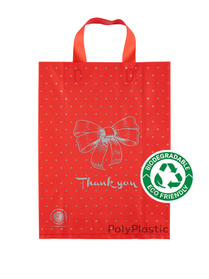 ถุงบูติคหูปั้ม Bio Bag ลายโบว์ Thank you พื้นแดงพิมพ์เงิน ขนาด 11x15 นิ้ว