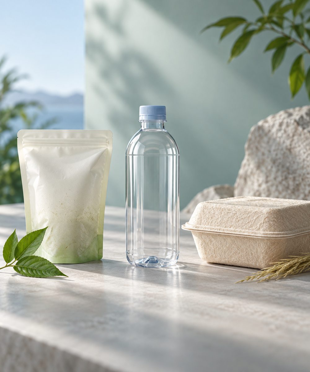 Clean editorial comparison scene with three separate packaging pathways: a package going to a recycl