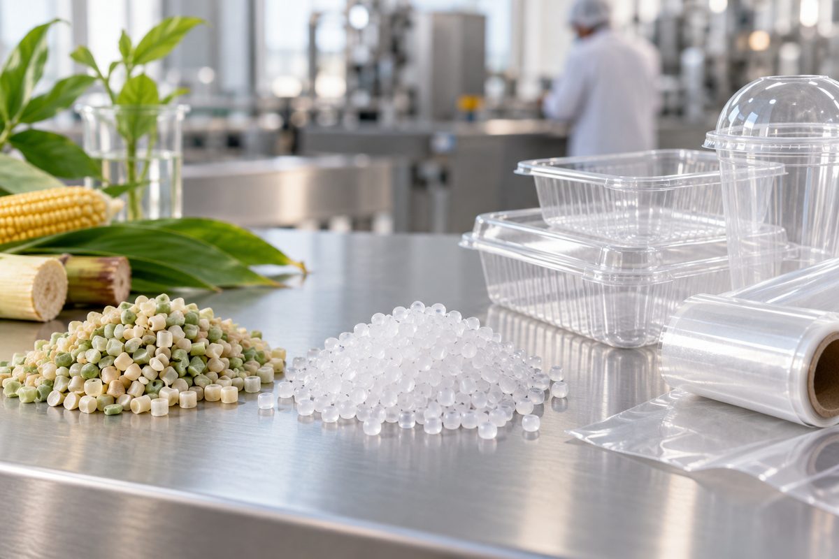 Premium close-up editorial photograph of plant-based pellets, conventional plastic pellets, and fini