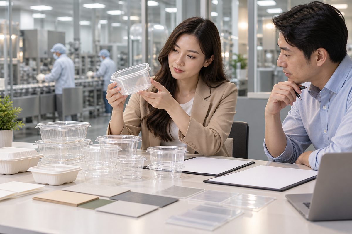 Clean editorial B2B scene of a food brand owner reviewing product specifications, packaging samples,