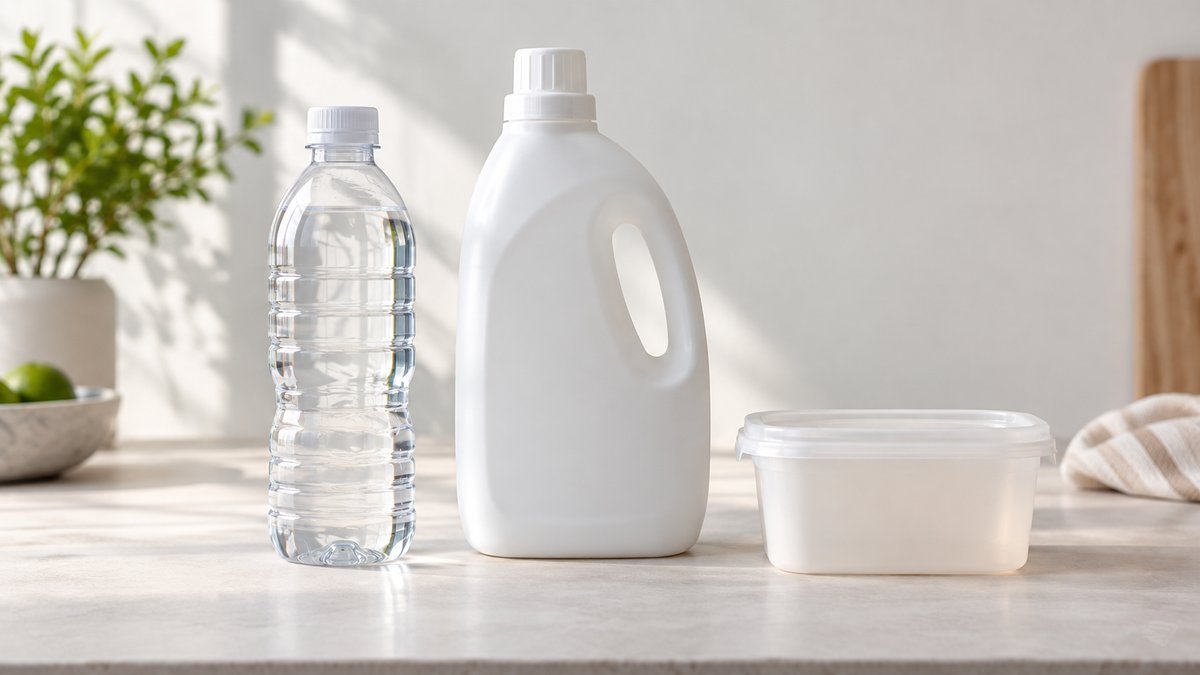 Clean professional editorial product photography of a clear beverage bottle, opaque household bottle