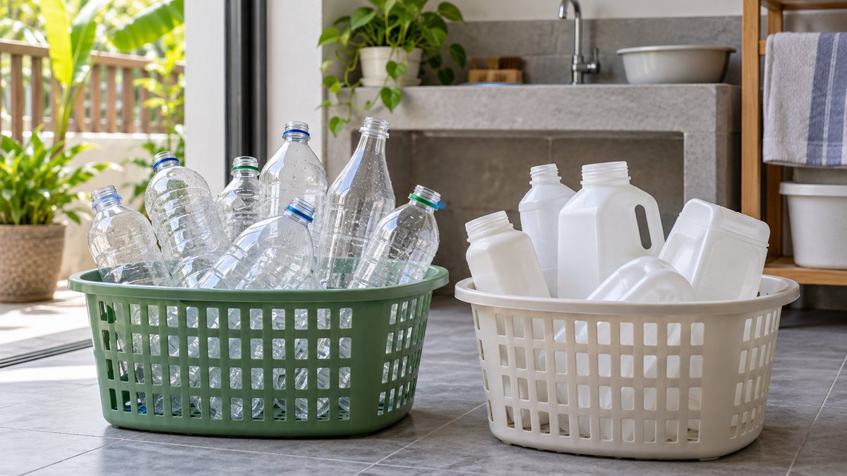 Clean professional editorial photography of rinsed clear beverage bottles and opaque plastic contain