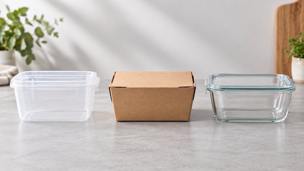 Clean professional studio product photography of a translucent plastic food container, a plain kraft