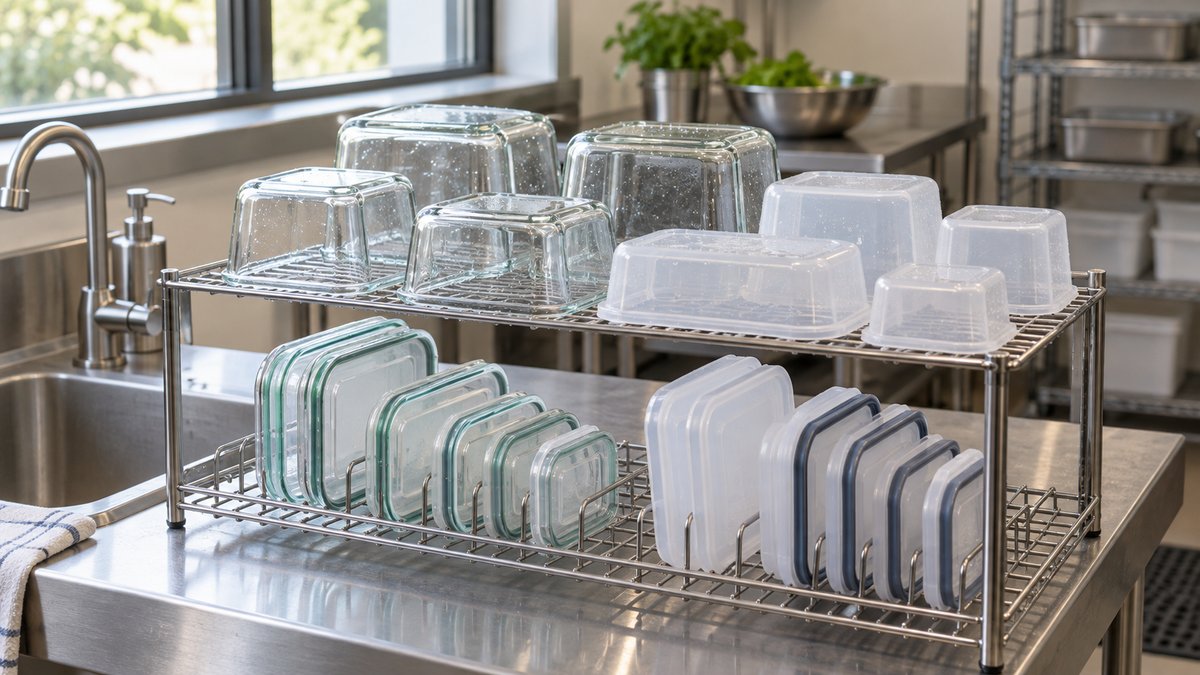 Clean professional editorial photography of clean reusable glass food containers and durable plastic