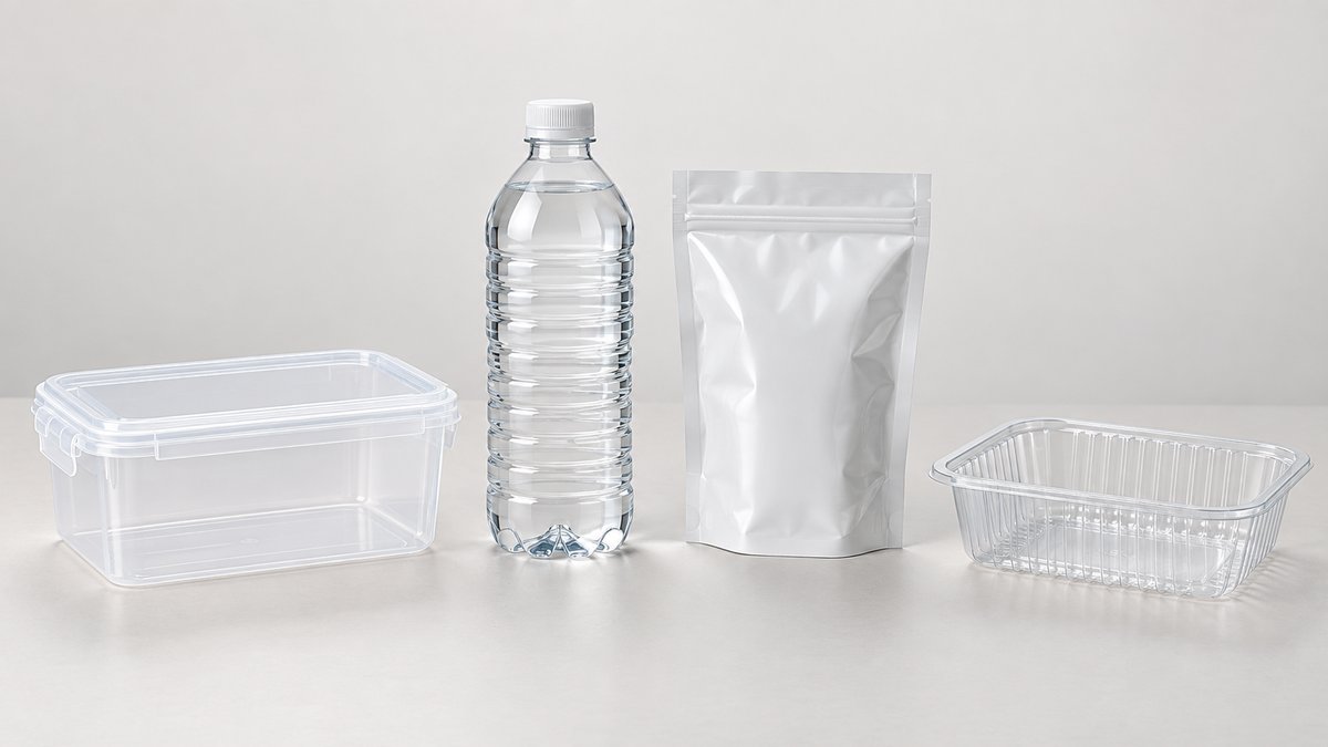 Clean professional studio product photography of a translucent plastic food box, a ribbed PET water