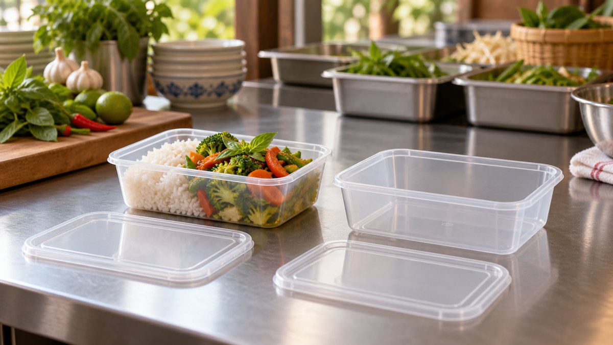 Clean professional editorial product photography of two unbranded plastic takeaway food boxes with s