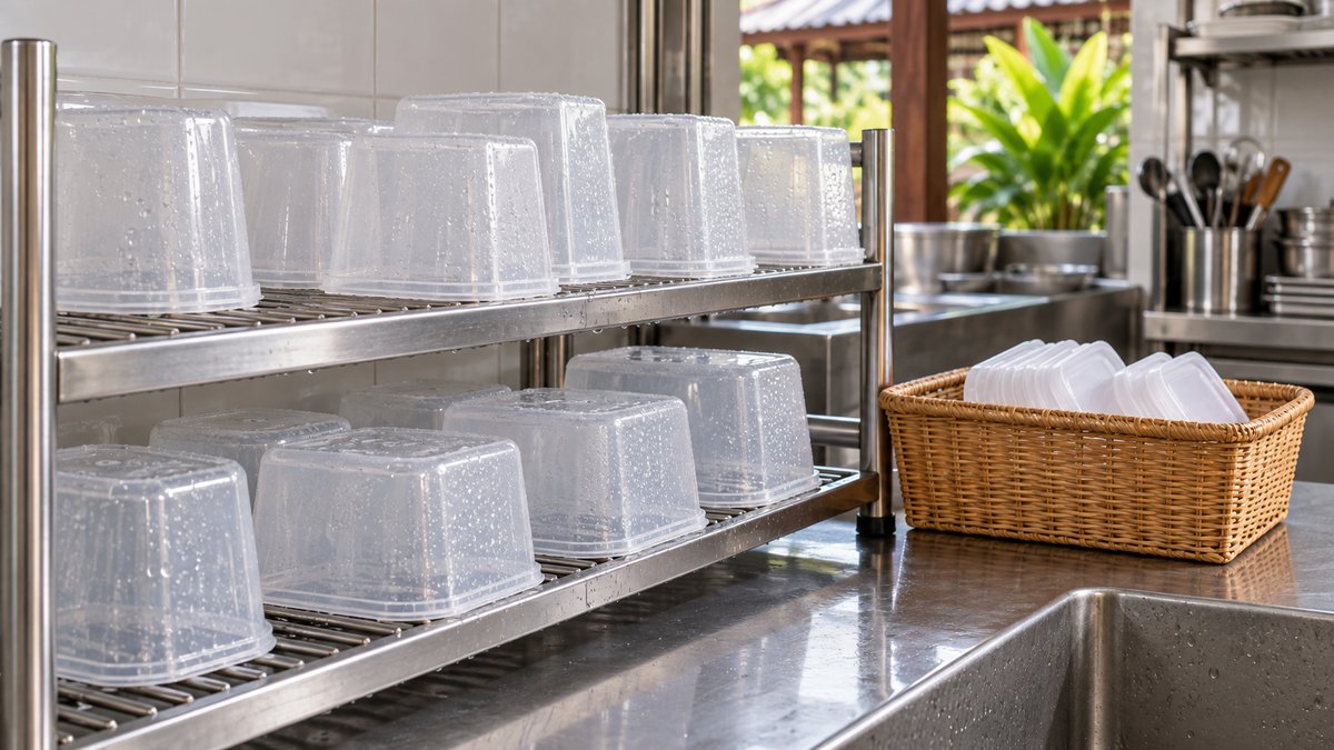 Clean professional editorial photography of empty rinsed plastic food tubs drying upside down on a s