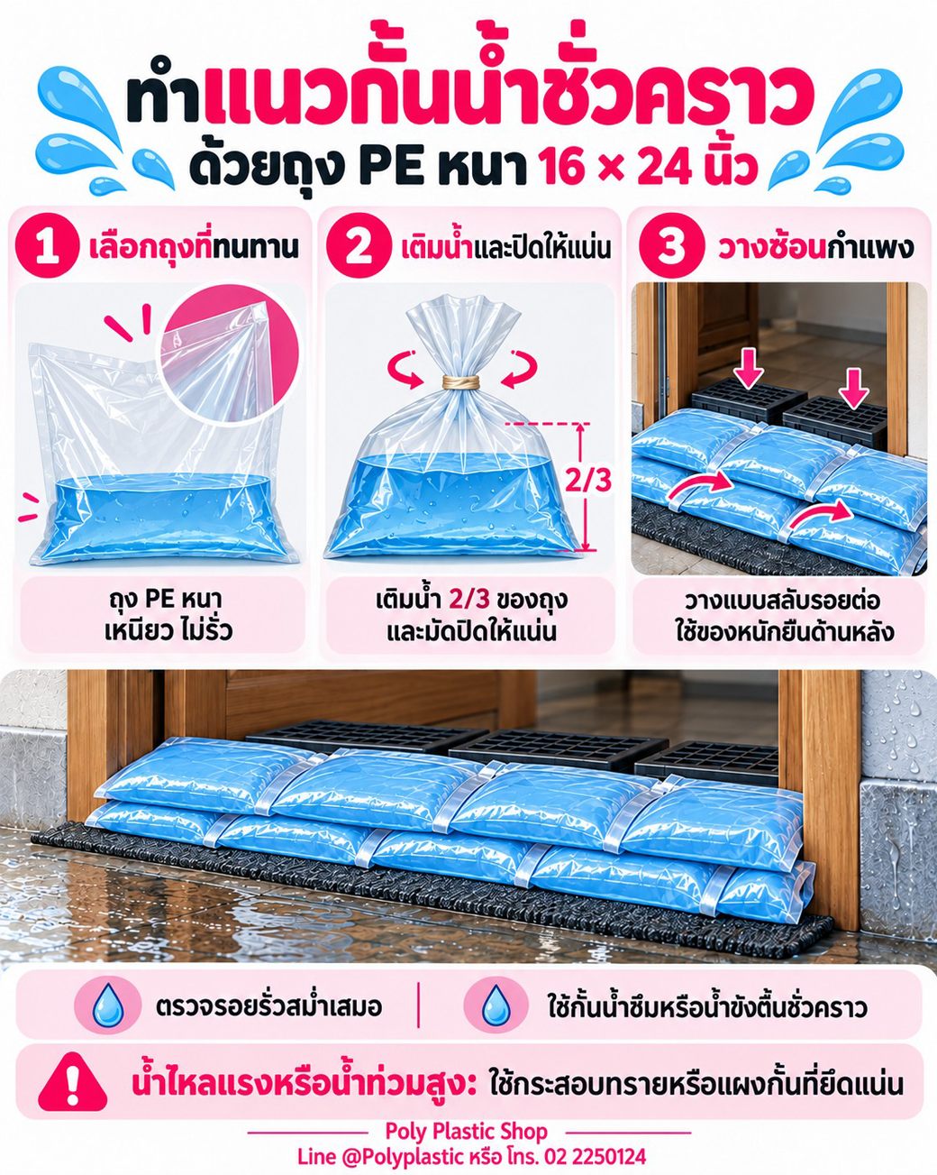 Existing image of PE bags filled with water for temporary flood barriers