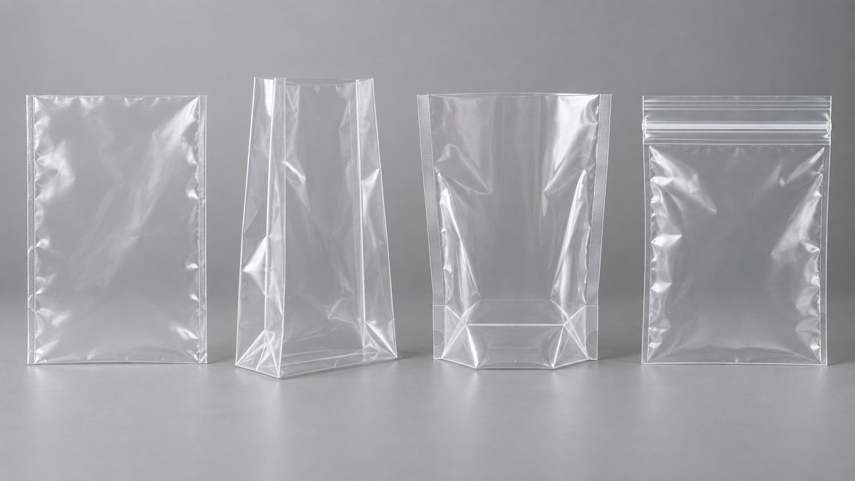 Clean studio instructional photograph showing four transparent plastic bag constructions side by sid