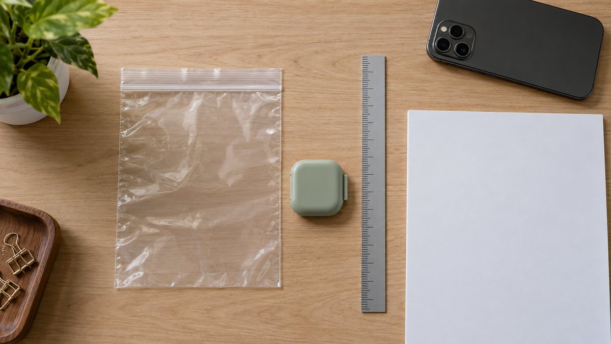 Professional overhead photograph of a supplier-ready plastic bag measurement setup with a clear zipp