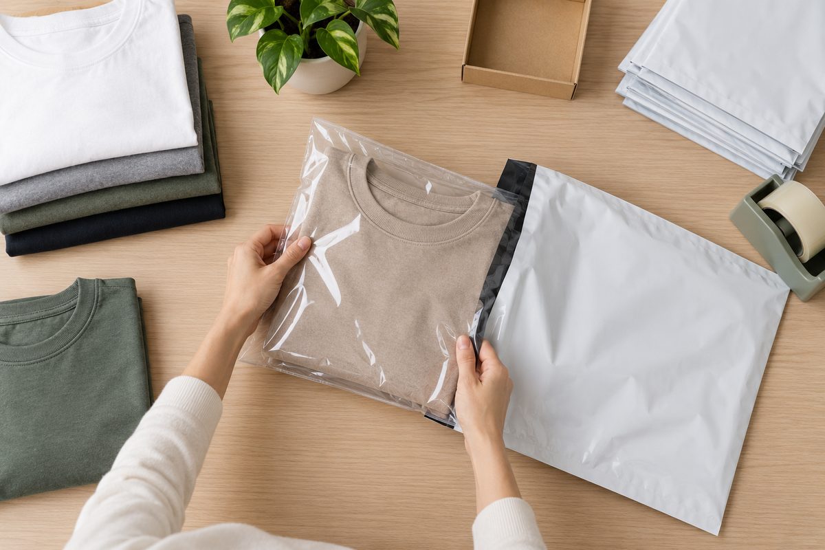 การพับเสื้อผ้าและใส่ถุงชั้นในก่อนส่ง