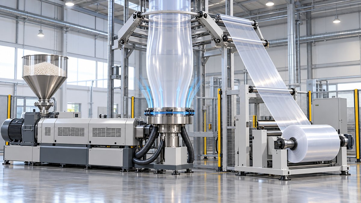 Technical editorial illustration of blown film extrusion, polymer pellets entering an enclosed extru