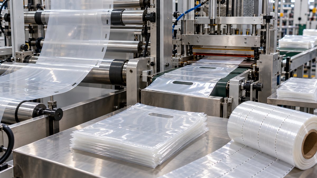 Close view of a clean plastic film converting line, translucent film passing through printing alignm